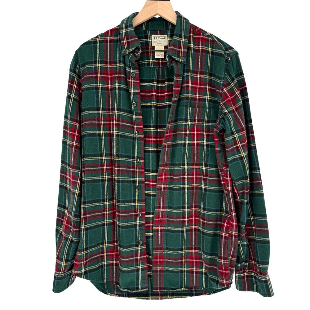 L.L. Bean Cabincore Mens Green Plaid Flannel Shirt Single Pocket Medium Tall
